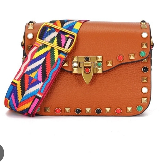 Handbags - Brown Studded Women's Bag with Multicolor Strap